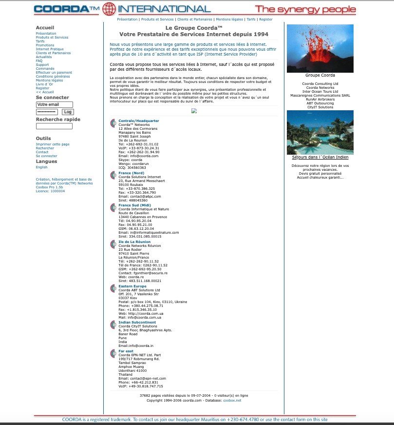 «COORDA™ INTERNATIONAL – The synergy people»: o site do grupo Coorda a 16 de agosto de 2006, com a sede em Manapany les Bains e parceiros em França, Kiev, Índia e Tailândia. Imagem: Internet Archive (Wayback Machine)