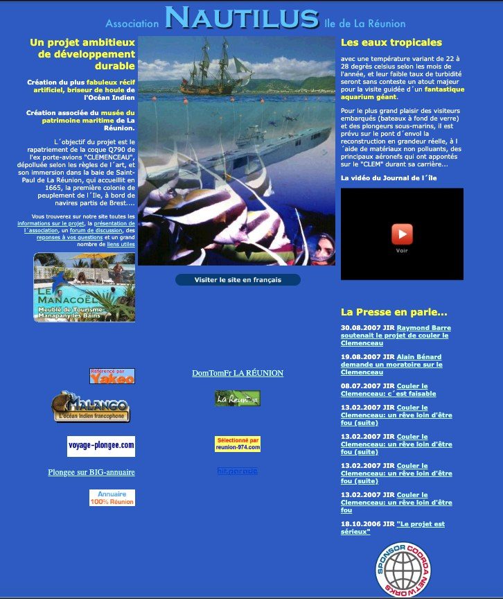 A Association Nautilus a 9 de setembro de 2007: o plano de afundar o casco do «Clemenceau» como recife artificial ao largo da Reunião – à esquerda o Manacoël, em baixo à direita o selo «Sponsor Coorda Networks». Imagem: Internet Archive (Wayback Machine)