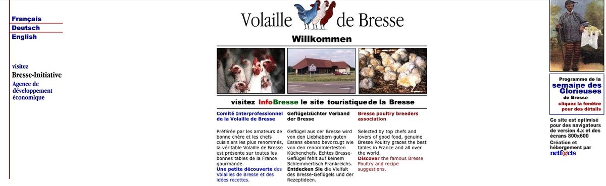 Il sito della Volaille de Bresse il 12 dicembre 1998 – in tre lingue, con il programma delle «Glorieuses de Bresse» e, in basso a destra: «Création et hébergement par netf@cts». Immagine: Internet Archive (Wayback Machine)