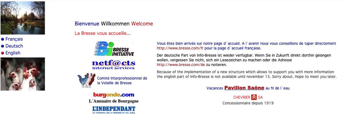 Info Bresse l’11 novembre 1998 – in tre lingue, con il nostro logo «netf@cts» e i partner della prima ora. Immagine: Internet Archive (Wayback Machine)