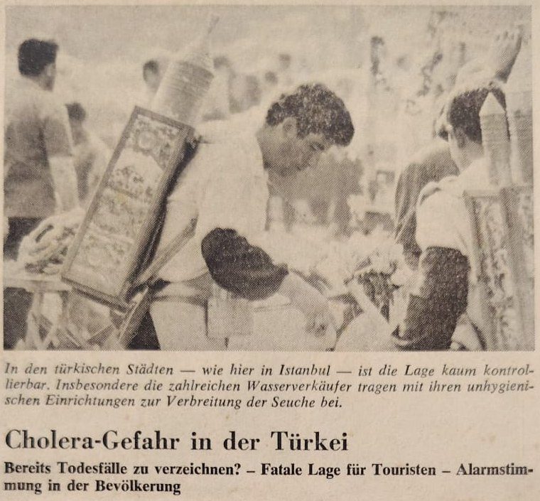 «Cholera-Gefahr in der Türkei» (Peligro de cólera en Turquía) – mi crónica desde Estambul, firmada «pierrôt sulser». Luzerner Tagblatt / Zuger Tagblatt, 29 de agosto de 1970
