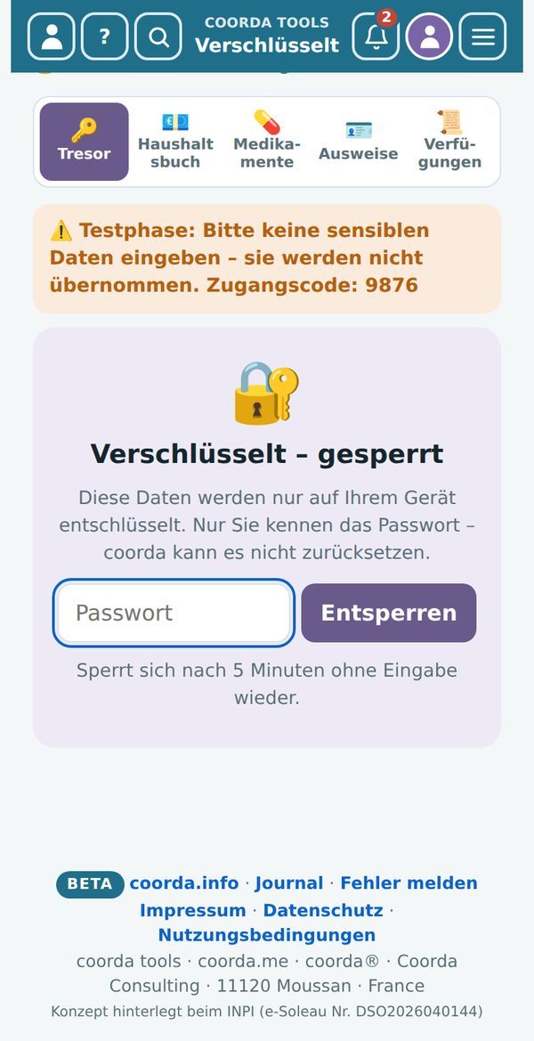 Der verschlüsselte Schrank in coorda tools – gesperrt, bis Sie Ihr Passwort eingeben