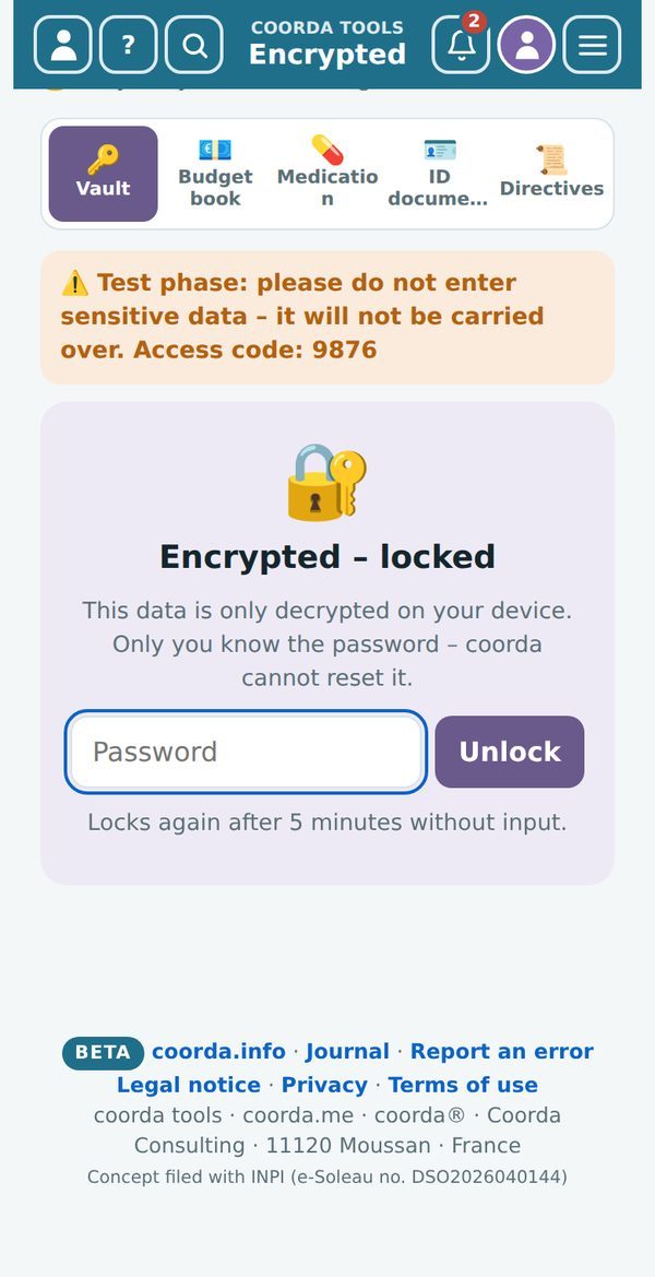 The encrypted cabinet in coorda tools – locked until you enter your password