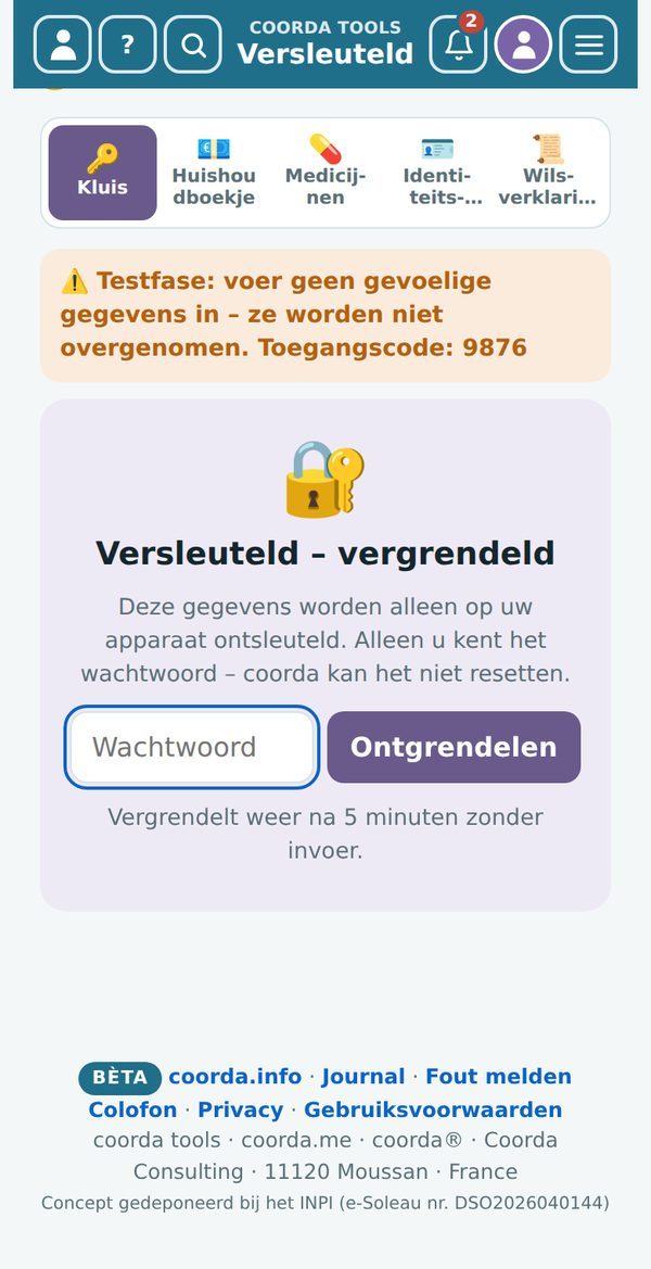 De versleutelde kast in coorda tools – vergrendeld tot u uw wachtwoord invoert