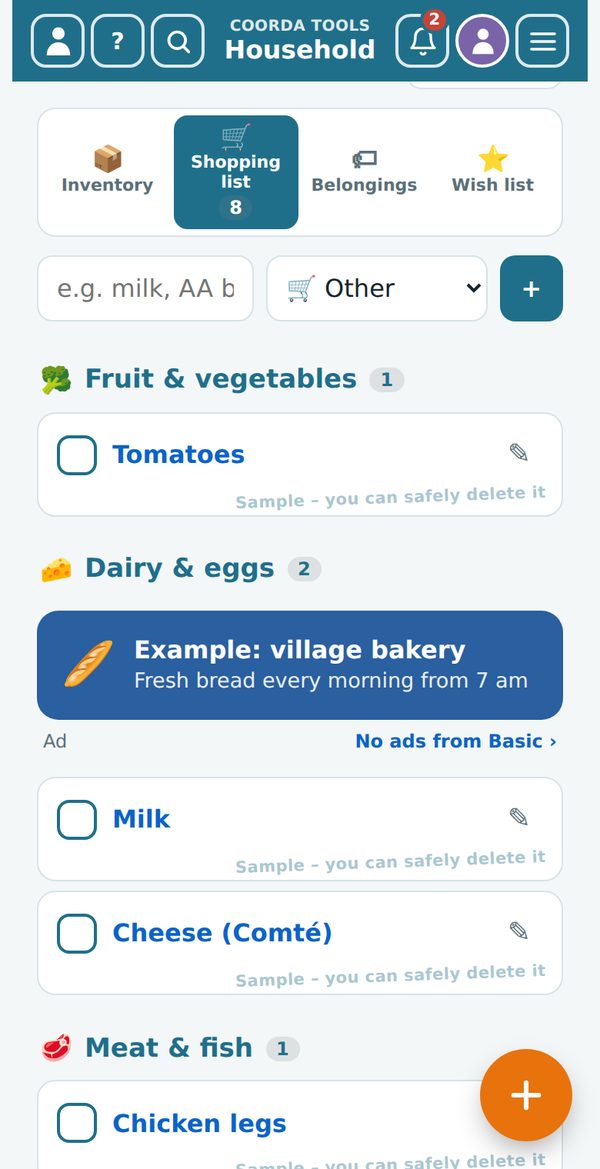 Household › Shopping list, sorted by groups